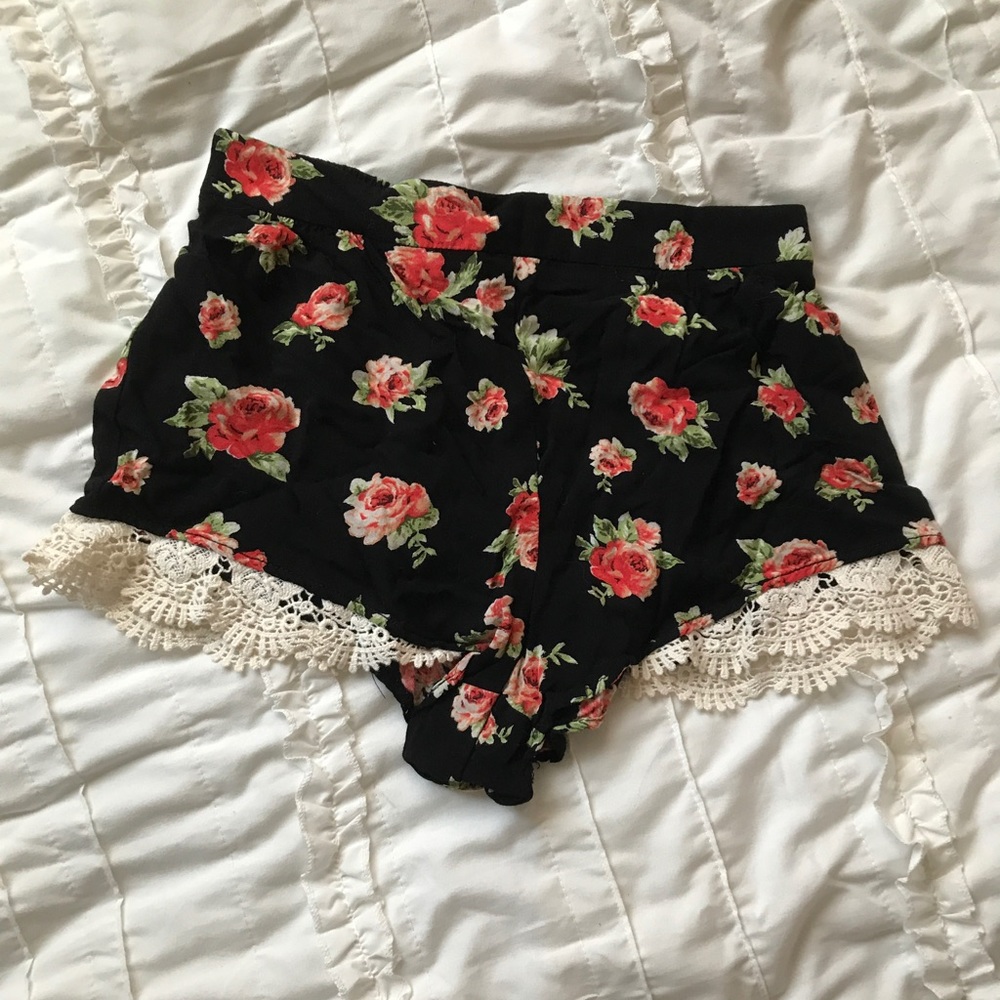 Black floral and lace shorts